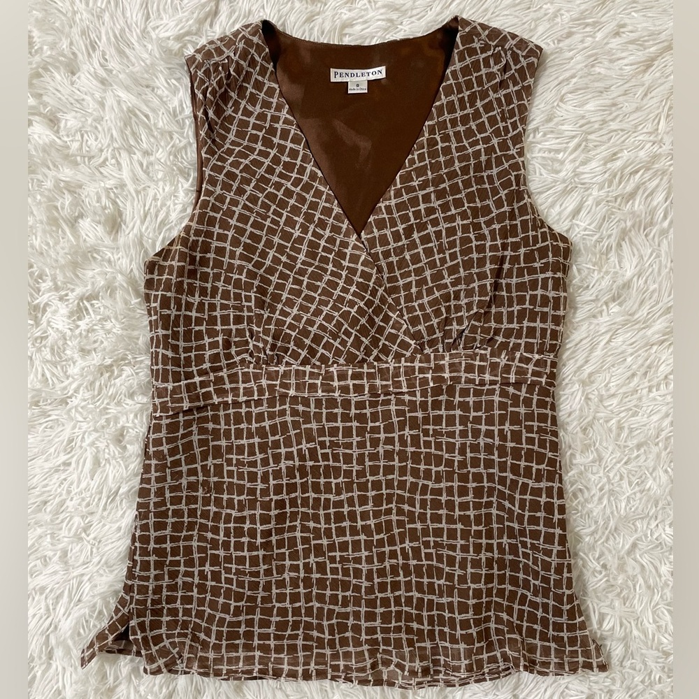 Pendleton 90s Y2K Western Square Abstract Silk Blouse Sleeveless Top Brown 8 M